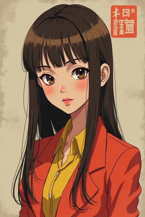 A anime girl styled vintage, and styled as a female jjk character with long straight brown hair and faceless y2k