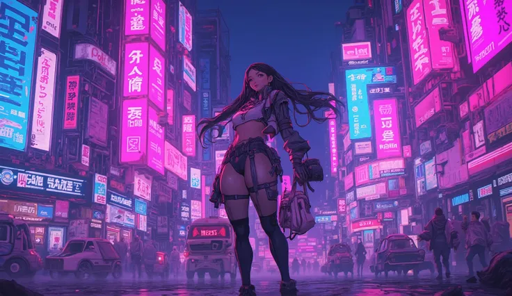  top quality　Ultra delicate　Japanese anime anime　 one pretty girl　Pink light　blue-purple scenery 　 The downtown area of the future　Strong shadows 　 strong contrast 　 cyberpunk　Big breasts Underboob　 thighs　 Twin Tails