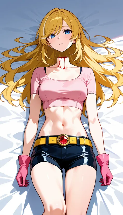 adult women with decapitated head, disembodied head, long hair, blonde with layered bangs, blue eyes, severed neck, neck bleeding, tall, slim and toned body, medium chest, pink crop top, tight, scoop neckline, short sleeves, short pink gloves, midriff, low...