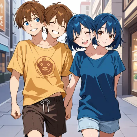 two people standing next to each other, couple pose, (anime boy with two heads and anime girl with two heads), (boy has brown hair and blue eyes), (girl has blue hair and brown eyes), eyes closed for left boy head and right girl head, casual clothes, diffe...