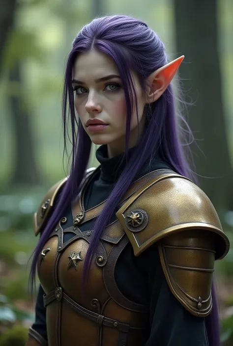 Upper body shot, female, pointy elf ears, white skin, dark purple hair, closed mouth, antique bronze armor, combat pose, dynamic pose, complex fantasy character, NSFW, cinematic lighting, fantasy, magic, detailed background, on a wooded battlefield, best q...