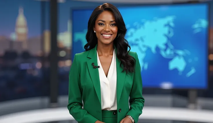  Front view, Full body,  left sanding, right big TV monitor in CNN NEWs, talking news,  female  news anchor, 1 beautiful American Black women ,25-age, (black middle hair,  fringe,  pearl earring ,smile) ,(E cup breasts, middle hip), (White elegant blouse, ...