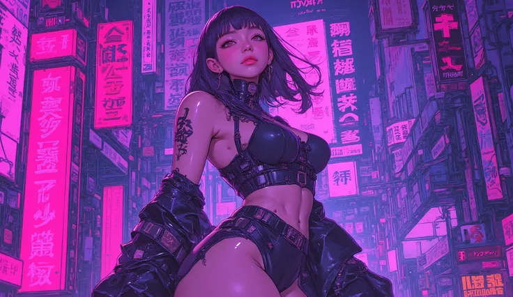  top quality　Ultra delicate　Japanese anime anime　 one pretty girl　Pink light　blue-purple scenery 　 The downtown area of the future　Strong shadows 　 strong contrast 　 cyberpunk　Big breasts Underboob　 thighs　 Twin Tails