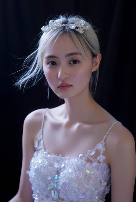 Short hair beautiful girl,
You will create a Japanese Unreal Beauty Queen, 
Blonde hair, pixie cut, messy hair, A gorgeous and intricately designed crystal hair ornament, Hair blowing in the wind, 
White-purple colors eyes,
Her body is entirely made of pri...