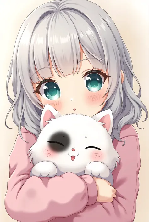 A charming anime woman with wide, captivating turquoise-blue eyes, silver-white wavy hair, and a playful, curious expression. She holds a fluffy white cat with one black patch over its eye, both of them staring directly at the viewer. The girl’s soft pink ...