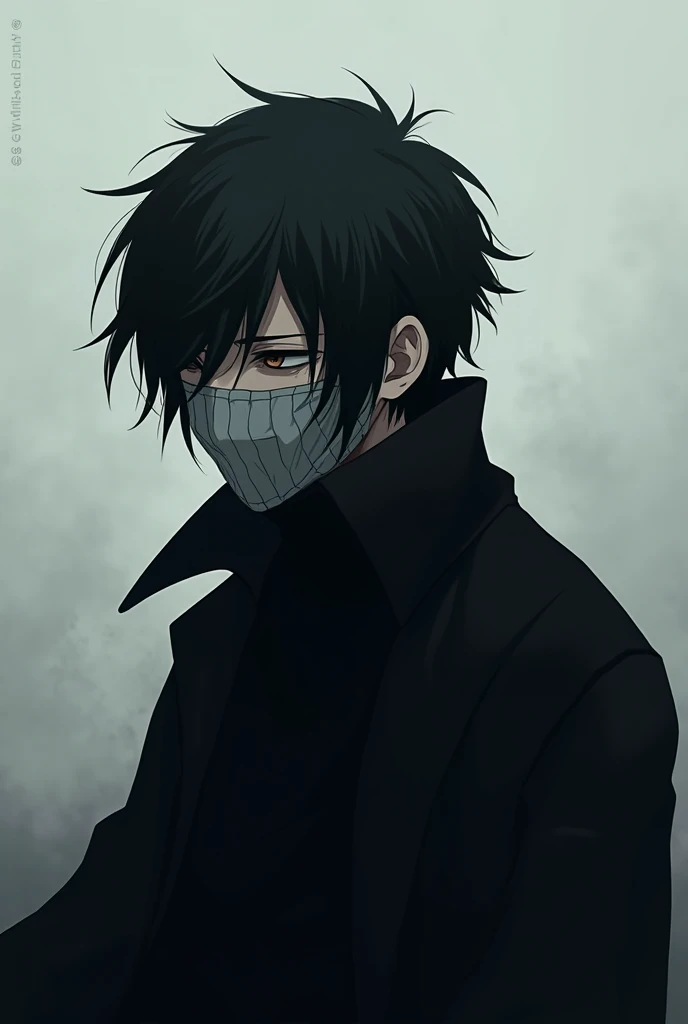 Create a male anime character with his hair up in black wearing a sadness mask that covers every face, 4k image, With a size for a PC screen.