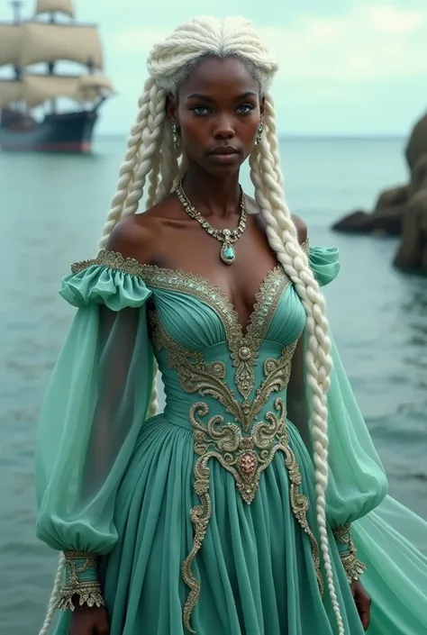  Black Woman,  braided white hair, violet blue eyes , luxurious medieval water green dress, Sea symbols, ship, water