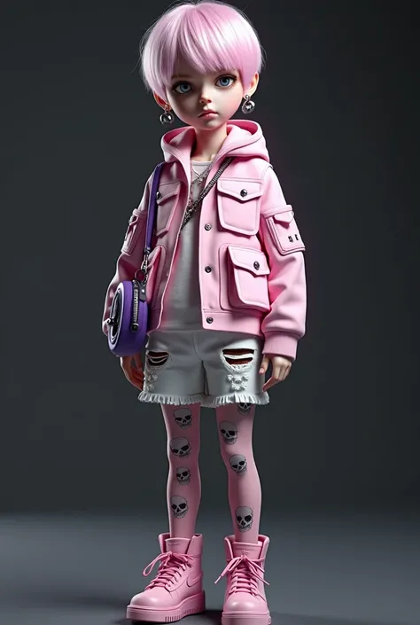 Gothic doll,   boy, light pink gradient hair, silver cross earrings, stand-collar long-sleeved jacket with large pockets and military insignia, light pink closed jacket, white ripped shorts, light pink with skull pattern Tights, red lace NIKE thick-soled s...