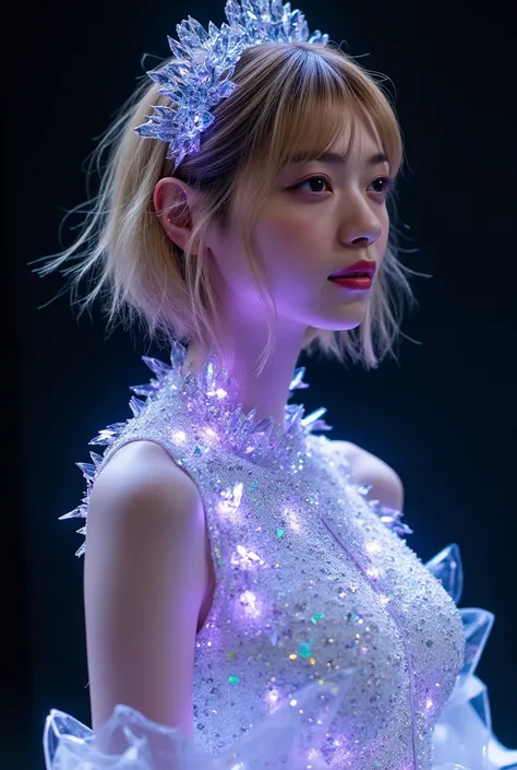 Short hair beautiful girl,
You will create a Japanese Unreal Beauty Queen, 
Blonde hair, pixie cut, messy hair, A gorgeous and intricately designed crystal hair ornament, Hair blowing in the wind, 
White-purple colors eyes,
Her body is entirely made of pri...