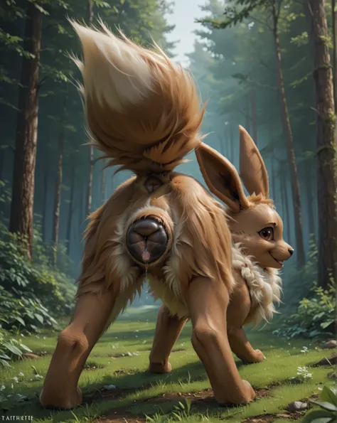 feral, Eevee_(Pokemon), eevee, canine, (canine pussy), animal pussy, solo, female, detailed, detailed pussy, extreme details, best quality, ultra detailed, high res, very aesthetic, masterpiece, detailed fur, (fluffy tail), perfect lighting, looking at vie...