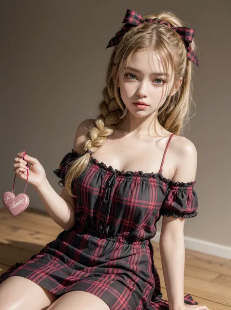  blonde braided hair　 brown plaid dress　 Ribbon hair accessory　I have Valentine's Day chocolate