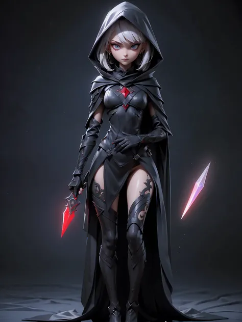 (((masterpiece, best quality, high detailed, 16k))) (1girl) A  and slender assassin with a mysterious aura, concealed under a dark hood. Her sharp, almond-shaped eyes peer out from under the hood, glinting with cunning and precision. She wears sleek high-t...