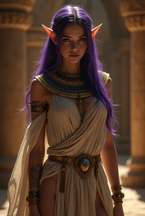 Upper body shot, female, pointy elf ears, white skin, dark purple hair, closed mouth, ancient Egyptian noble attire, Egyptian jewelry, dynamic pose, complex fantasy character, NSFW, cinematic lighting, fantasy, magic, detailed background, in ancient Egypti...