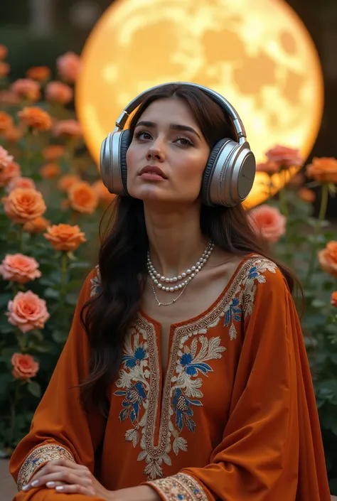 A young Moroccan woman in her early twenties, with a light-medium complexion and long, dark brown hair, is seated outdoors in an elegant setting. She wears a stunning, rust-orange Moroccan caftan adorned with intricate embroidery in shades of blue, beige, ...