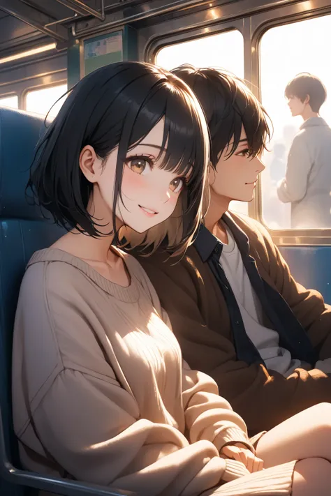 "A high school girl with a bob cut and black hair is sitting on a train seat. She looks up at her lover sitting beside her with a warm, affectionate smile. The illustration is drawn from the perspective of her lover, capturing her bright and loving gaze. S...