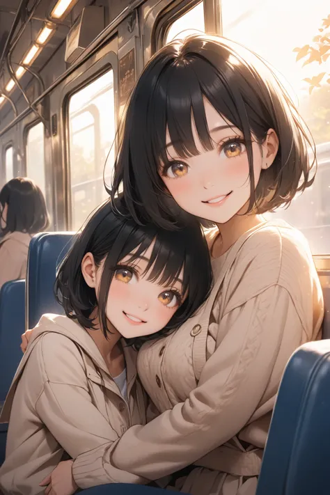 "A high school girl with a bob cut and black hair is sitting on a train seat. She looks up at her lover sitting beside her with a warm, affectionate smile. The illustration is drawn from the perspective of her lover, capturing her bright and loving gaze. S...