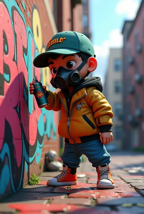 graffiti graffeur personnage animé look hip hop 3d casquette ecris emir dessus  masque a gaz et tiens une bombe de peinture dans la main arriere plan new york bronx
