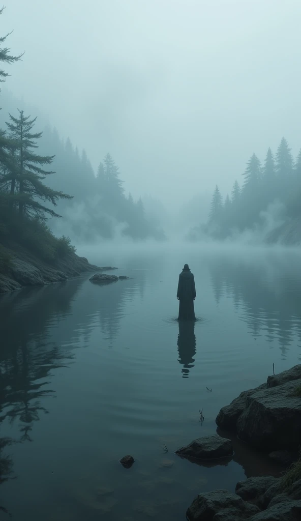 A lonely  standing at the edge of a lake, looking down at the water. The atmosphere is ominous, with fog swirling over the surface. Shadows move subtly beneath the water.