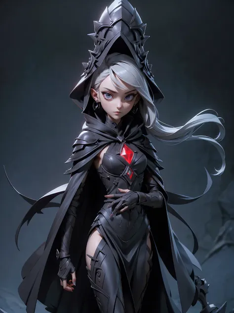 (((masterpiece, best quality, high detailed, 16k))) (1girl) A  and slender assassin with a mysterious aura, concealed under a dark hood. Her sharp, almond-shaped eyes peer out from under the hood, glinting with cunning and precision. She wears sleek high-t...