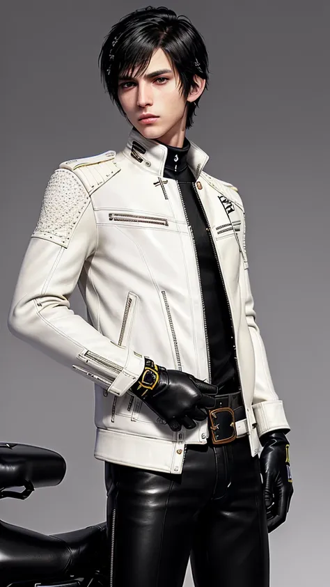 ((Final fantasy taste and reality graphics)), ((Japanese young cute and cool ikemen  boy)), his age is early 20s, thin eyebrows and beady eyes,, (((((boy wearing cream-white color thick leather and single-brest double zipper jacket))))), ,(((((jacket is vo...