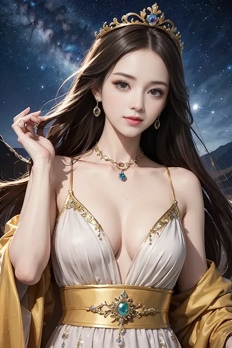 masterpiece,   top quality,   top quality,   Official Art,  beautiful illustration art,   1 beautiful woman、 whole body、 BRIGHT栗色の長い髪、 colorful、 very detailed、 beautiful face、 beautiful brown eyes 、smile、 perfect style、Images of the fantasy film Divine Rea...