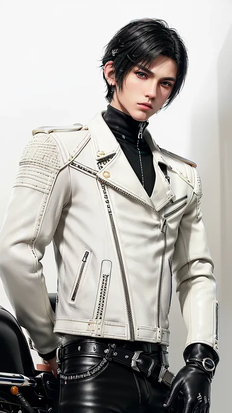 ((Final fantasy taste and reality graphics)), ((Japanese young cute and cool ikemen  boy)), his age is early 20s, thin eyebrows and beady eyes,, (((((boy wearing cream-white color thick leather and single-brest double zipper jacket))))), ,(((((jacket is vo...