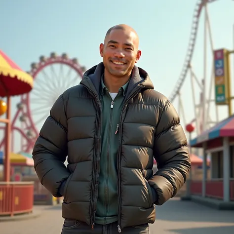  face close-up，A muscular asian bald young hunk wearing a down jacket and pants， Hands in the pockets ，, the corners of the mouth are raised，With a smile ，The background is a roller coaster in a playground，