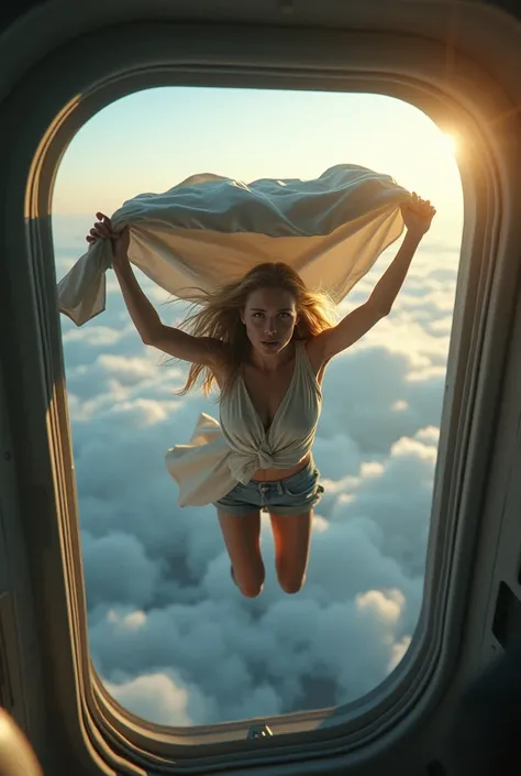 A blonde lady jumping from the emergency exit of a plane holding a blanket above her head as a parachute