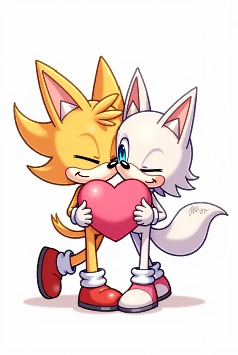 two cartoon characters hugging each other with a heart shaped pillow, a pastel by Ric Nagualero, pixiv, furry art, jazza and rossdraws, commission for, commission for high res, sfw version, from sonic, commission, commission art, high quality colored sketc...