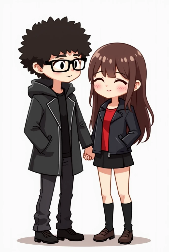 Draw a chibby version of a couple the guy is wearing a long coat (black) and black shoes and black pants with curly hair (black ) and glasses (black) the girl is wearing  a red top with a black skirt and a leather jacket with long brown hair  (straight )  ...