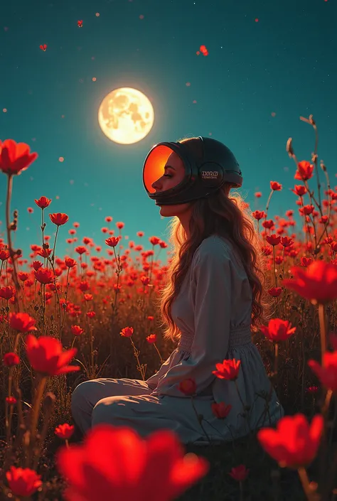 il y a une femme assise dans un champ de fleurs avec un casque, Brandon Woelfel, beeple et jeremiah ketner, Déesse de la lune, ambiance fleurs rouge céleste, style fantastique rendu octane 8k, Alphonse Mucha et Alena Aenami, Fée des fleurs de l&#39;espace,...