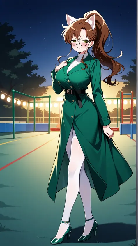 uncensored, obra maestra, mejor calidad, smile, 1 girl, LONg hair, Brown hair, green eyes, ponytail hairstyle, Kino Makoto, NIght, large boobs, SHINY EYEs, smile, nostalgic glance, blush face, playground background, full body, long coat, green coat, no lig...