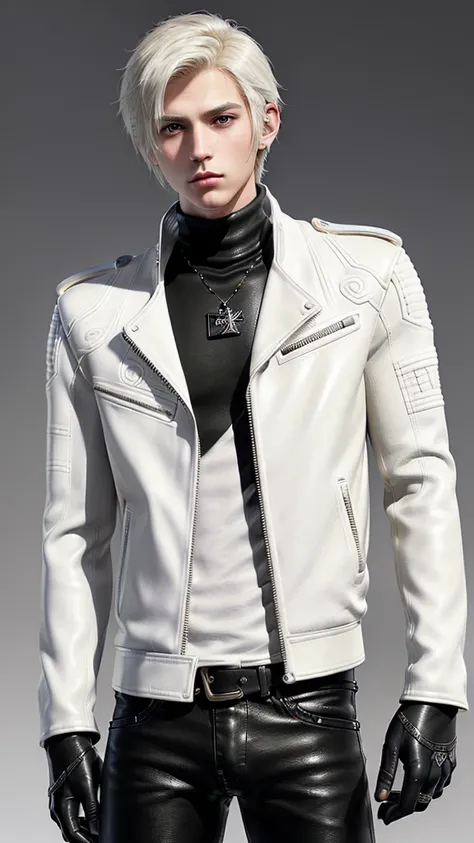 ((Final fantasy taste and reality graphics)), ((Japanese young cute and cool ikemen  boy)), his age is early 20s, thin eyebrows and beady eyes,, (((((boy wearing cream-white color thick leather and single-brest double zipper jacket))))), ,(((((jacket is vo...