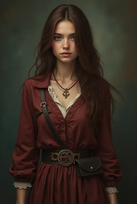 cree un personnage féminin brune à caractère dans l’univers d’harry potter dans un style magique qui fait de la magie et qui tient une baguette magique en bois et un collier ou le prénom « elycia » et marquée dessus 