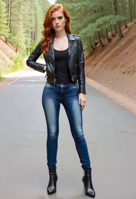 tall redhead woman, brown eyes, thin, distressed skinny jeans, tank top, leather jacket, high heel combat boots