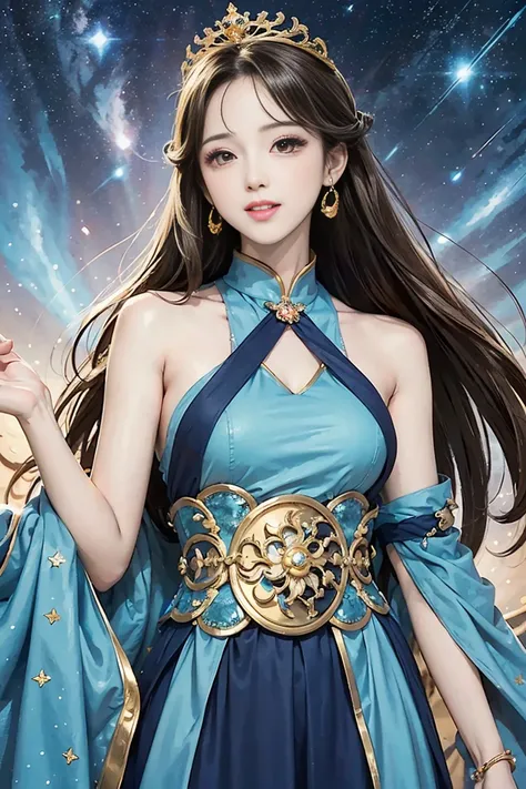 masterpiece,   top quality,   top quality,   Official Art,  beautiful illustration art,   1 beautiful woman、 whole body、 BRIGHT栗色の長い髪、 colorful、 very detailed、 beautiful face、 beautiful brown eyes 、smile、 perfect style、Images of the fantasy film Divine Rea...