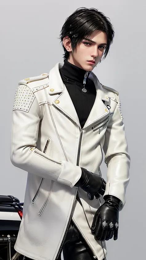 ((Final fantasy taste and reality graphics)), ((Japanese young cute and cool ikemen  boy)), his age is early 20s, thin eyebrows and beady eyes,, (((((boy wearing cream-white color thick leather and single-brest double zipper jacket))))), ,(((((jacket is vo...