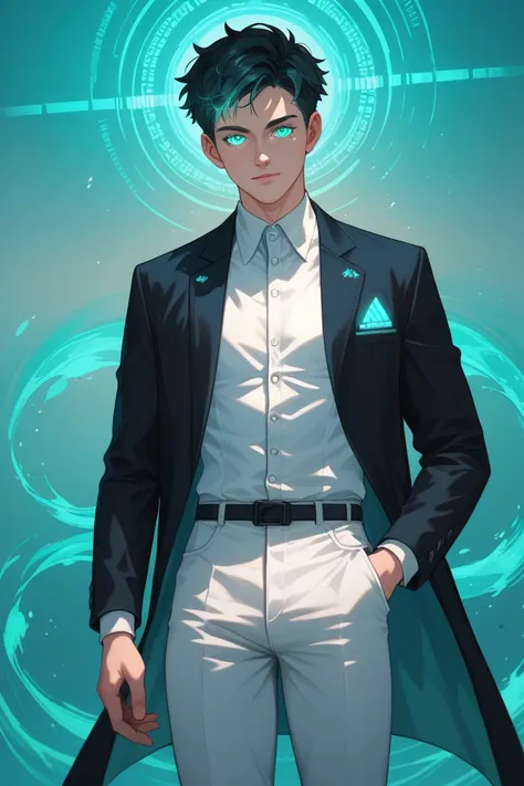  A boy, short black hair with teal details, light blue right eye, glowing teal left eye, neutral expression, black jacket with teal accents over a white dress shirt, white dress pants, simple background, surrounded in teal holograms, cool, detailed