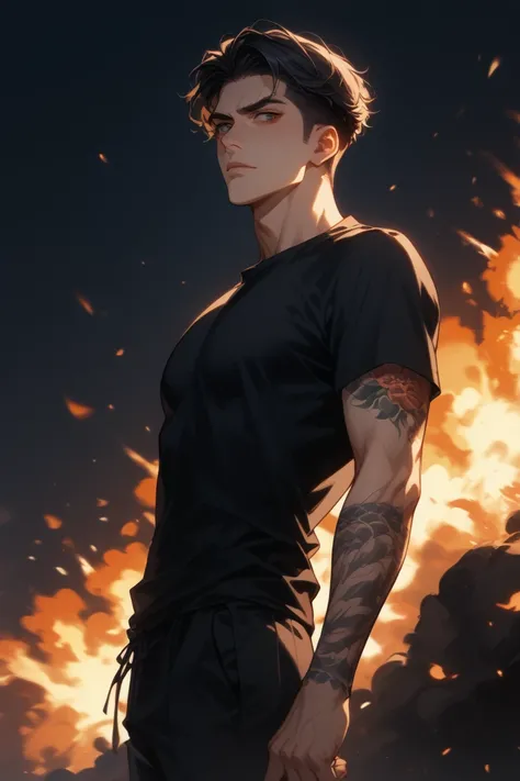 (score_9, score_8_ consolation), score_7_  dark mood, Adult male,   black hair,   fluent language   ,  Male 1 ,   dark eyes ,   no emotion  , male Concentrated , Concentrated ,  side view,  Fire explosion  , reality , etc. ,   side view,  sexy man  ,  눈 co...