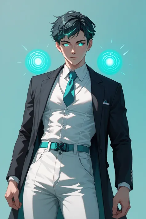  A boy, short black hair with teal details, light blue right eye, glowing teal left eye, neutral expression, black jacket with teal accents over a white dress shirt, white dress pants, simple background, surrounded in teal holograms, cool, detailed