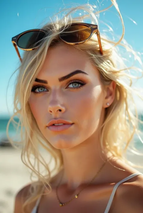  Experimental photograph :  Close-up portrait of a blonde woman with hair in the wind ,  wearing round sunglasses pushed up her head.  Sunlight casts soft shadows on her face ,  highlighting her radiant skin and crisp features .  Her green eyes reflect lig...