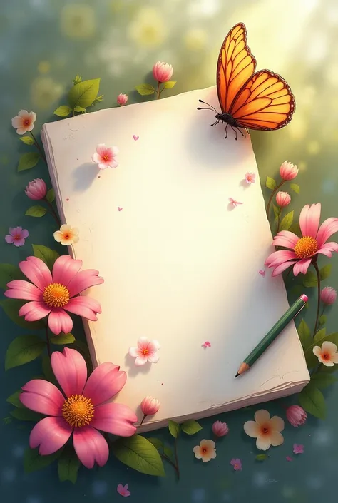 Create me an image of a notebook sheet on the side of a flower and a butterfly 