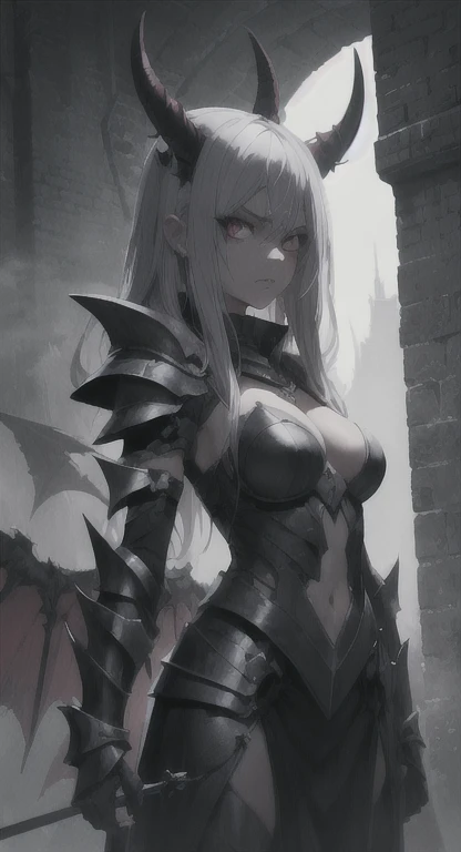 Hell fortress life, Devil princess, glaring at viewer, demonic armor, fog,