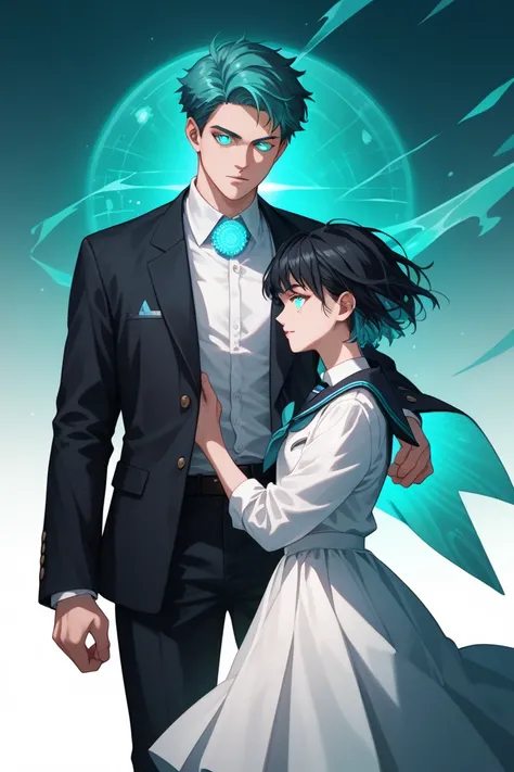  A boy, short black hair with teal details, light blue right eye, glowing teal left eye, neutral expression, school uniform, black jacket with teal accents over a white dress shirt, black dress pants, simple background, surrounded in teal holograms, cool, ...