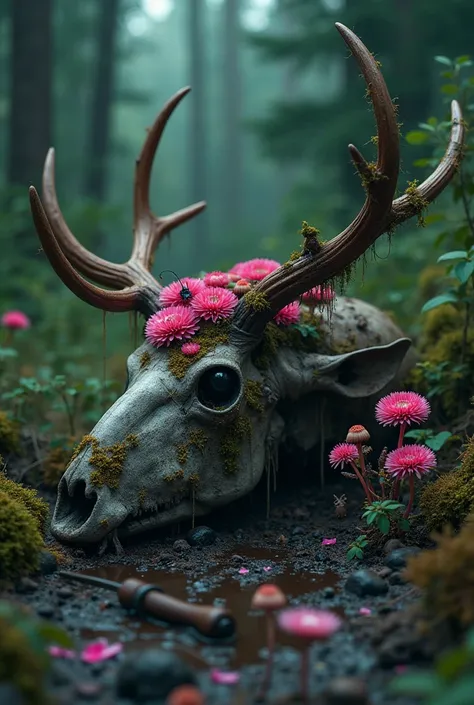  Hyper-realistic photography of a gloomy forest :  rotting animal bones  (Deer antlers , Bear skulls ,  human finger bones )  lie in mud ,  overgrown with moss and toxic neon mushrooms .  Poisonous flowers in neon pink and green grow out of the eye sockets...