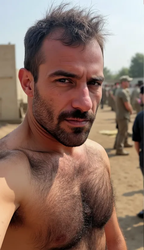 masterpiece, best quality, high resolution,   detailed full upper body portrait, male focus, solo focus, A man, 36 years old, with military clothes, soldier,  hair, messy hairstyle, cute and seductive face, bare chest, body hair, facial hair,  detailed rea...