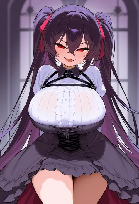 Cute girl, Petite body, loli, huge breasts, evil smile, smug face, fang, wide hips, cute dress, evil laugh, princess girl, brat, goth dress, cute, 1girl, Solo, High Resolution, Hair Between Eyes, 