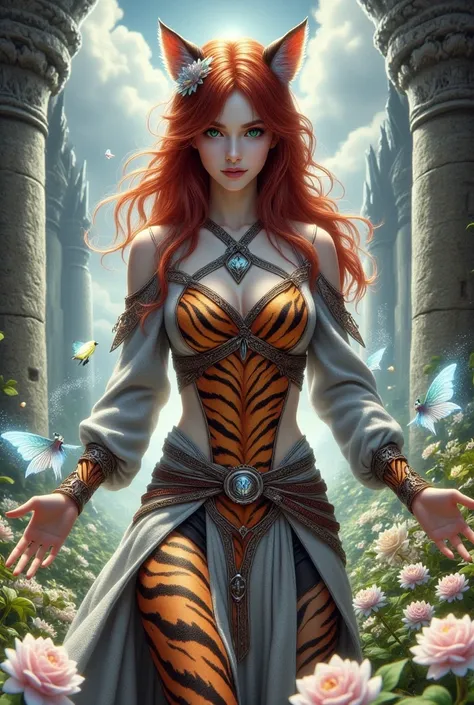 A humanoid with a female body with a tiger stripe across her body,with a defined face with a tiger's nose,Female face, Tiger ears in proportion to the head,Tiger green eyes,with long and red hair, well-defined body, wearing warrior clothing in a castle rui...