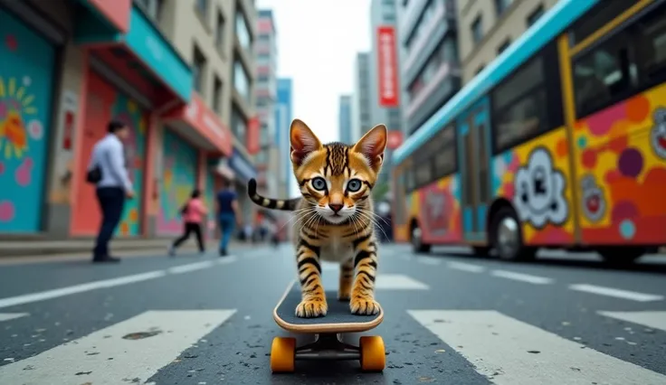 16K Ultra HD, Surreal Aerial View, Panoramic View of the Feline World. Kitten on a Street in Shanghai Skateboarding:
On an avenue full of modern public transport vehicles a kitten is racing at incredible speed on a skateboard.
The athletic and elegant Beng...