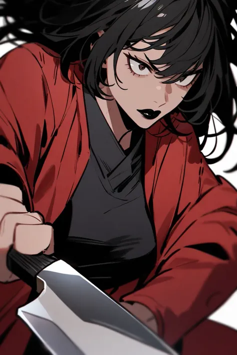 Short black haired woman with black lipstick, red coat, holding a knife   